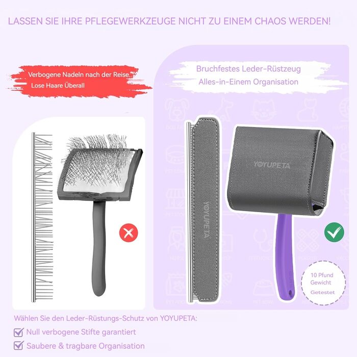 Набір щітки та гребінця Slicker для великих собак з довгою шерстю - щітка для розплутування з пінами 22 мм для Golden Retriever, Пуделя, Doodle та котів - професійний догляд за шерстю з дерев'яною ручкою та шкіряним чохлом (фіолетовий)