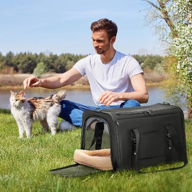 Переноска для кота та собаки Petsfit - чорна, розмір M (45.5 x 28 x 28 см) з м'яким килимком