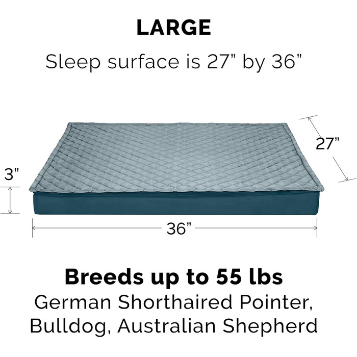 Гіркий собачий лежак Furhaven з охолоджуючим гелем, водовідштовхувальний, для собак середніх та маленьких порід, до 15,9 кг, знімний, пральний чохол, для дому та вулиці, блакитний, розмір L (91 x 69 x 8 см)