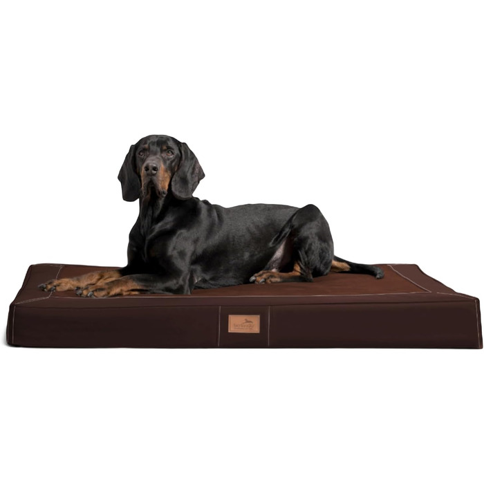 Ортопедичний лежак для собак Tierlando® Oscar VIP з екошкіри та велюру, з в'язкоеластичною піною, антипрослизкова підкладка, 100x80 см, коричневий