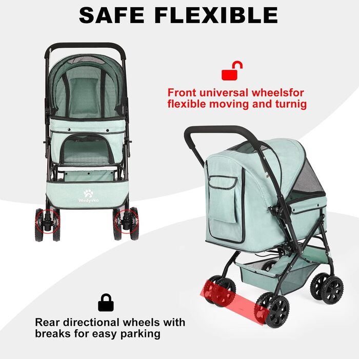 Візок для собак Wedyvko до 20 кг, 4 колеса, складний, для маленьких та середніх собак/кішок, з кошиком для зберігання та тримачем для напоїв, зелений