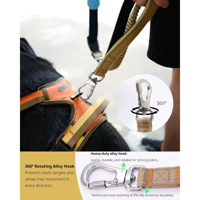 EVERKING 6-в1 повідок для собак з жилетним поясом – повідь для бігу та прогулянок для малих та великих собак – з 2 ручками, антишокова пружина, кріплення для авто, тягнуча повідець та альтернатива шлейці (Синій, Сірий) Синій, Хакі (Жовтий, Коричневий)