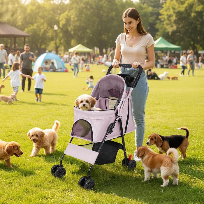 Складаний візок для тварин та дітей з обертовими колесами на 360°, кошиком для зберігання, міцним металевим каркасом та дихаючими сітковими віконцями – портативний переносник для котів та собак до 22 кг (Рожевий)