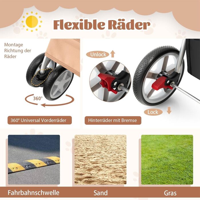 Собачий візок SOARS для тварин до 15 кг, складний, з сітковими віконцями, тримачем для напоїв та кошиком для зберігання, для маленьких тварин (Бежевий)