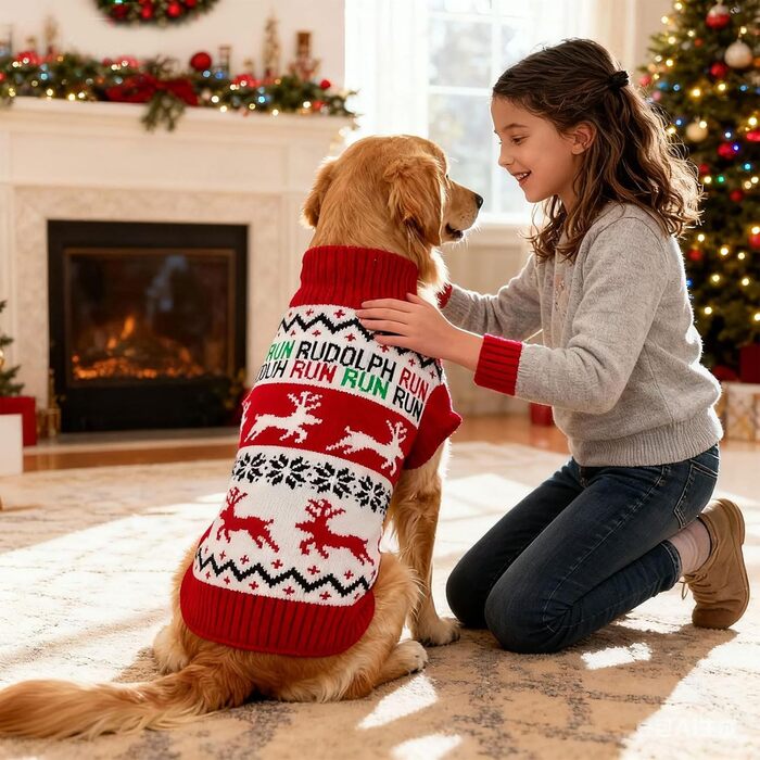 Святочний пуловер для собак, теплий, м'який, осінньо-зимовий, з високим коміром, в'язаний, для цуценят, милий олень, червоний, для собак, на Різдво, з короткими рукавами, (XX-Large, Червоний/Білий)
