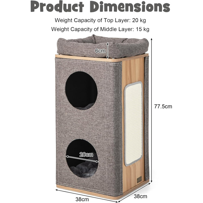 Котячий будиночок SOARS з когтеточкою, 3 яруси, 2 будиночки та лежанка для котів, когтедряпалка, меблі для котів