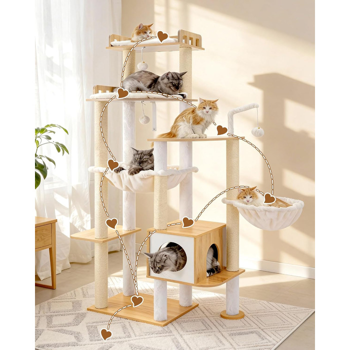 Дерев'яний котячий комплекс Heybly Kratzbaum HCT121WB: 179 см, платформа, будиночок, гамак, сизаль, стабільний, легка збірка