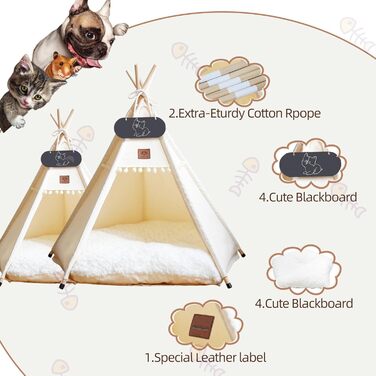 Намет для тварин Tipi з двостороннім килимком: для собак, котів, кроликів, хом'яків. Розмір 60x60x70 см, бежевий. Знімний та пральний