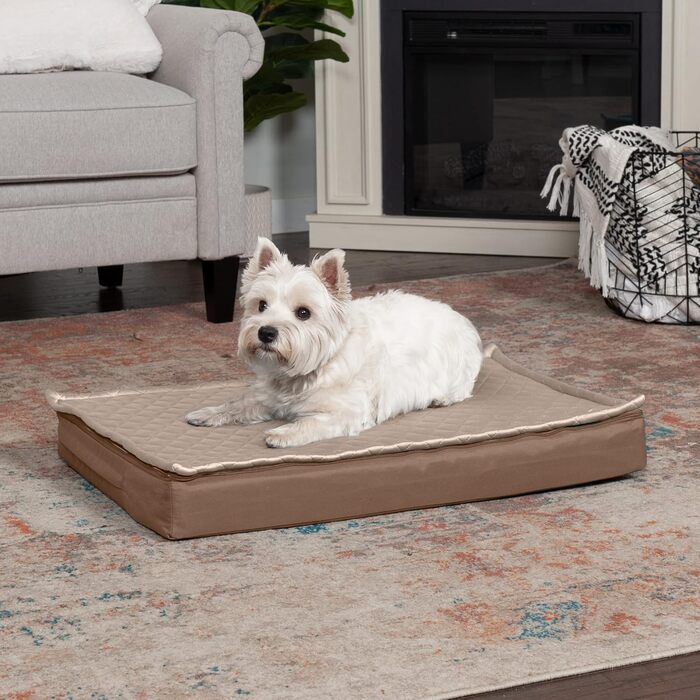 Гірчичне собаче ліжко Furhaven з охолоджуючим гелем, водонепроникне, для собак середніх та великих порід (до 25 кг), знімний та пральний чохол, Oxford Polycanvas, розмір L (76 x 51 x 8 см)