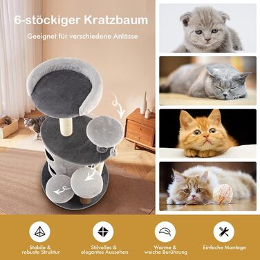 Котячий дряпак COSTWAY 6-рівневий, з бамбука, 3 м'ячики, 4 платформи, котяча будка, сірий