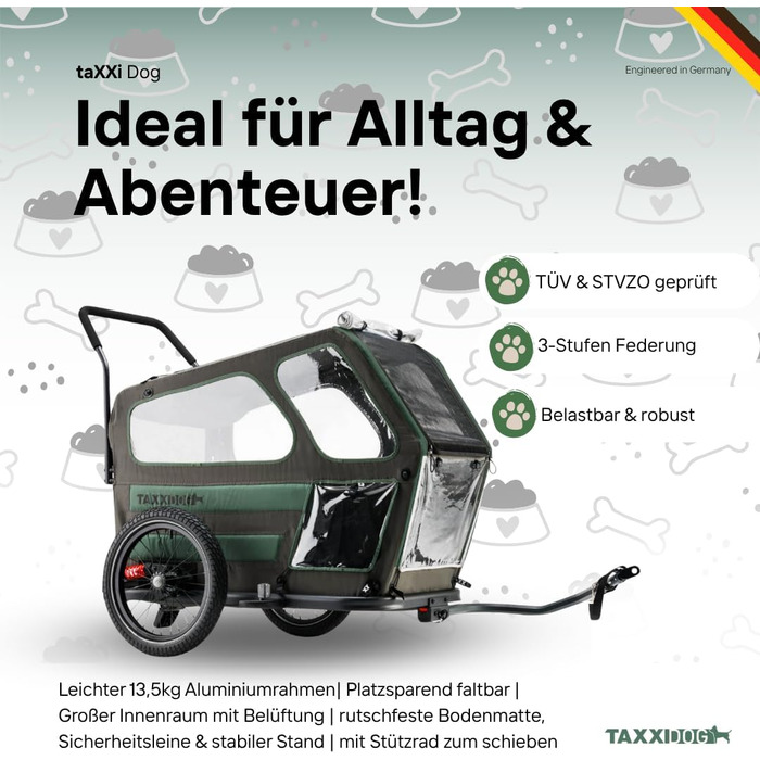 Фаркоп для собак TAXXI Dog M – велосипедний причіп для собак до 40 кг – з переднім та заднім входом, сітковими вікнами, відбивачами, з'єднувачем – складний та вологостійкий