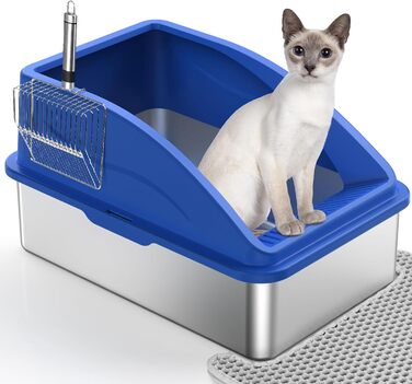 Великий котячий туалет FURTIME XXL з нержавіючої сталі 28 л, з совком і двошаровим килимком, проти протікань, без запаху, високий борт, для мейн-кунів, британських короткошерстих та інших порід