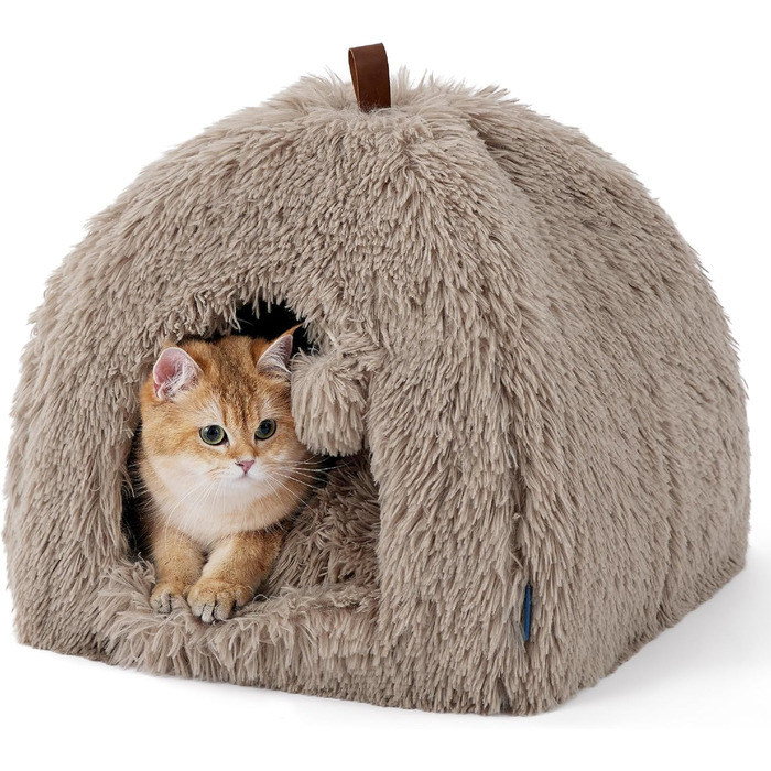 Кішка ліжко BEDSURE велика, кішка печера, 40x40x40 см, плюшеве кішкове будиночок для дому з знімним подушечкою та іграшкою, кішка ліжко BEDSURE, можна прати, (Д 40 x Ш 40 x В 40 см, верблюжий)
