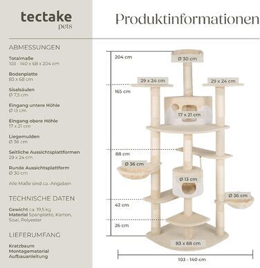Tectake XXL Котячий дряпак, великий ігровий комплекс для котів із іграшками, канатом, лежанкою, двома будиночками та стовпом із сизалю, до стелі, бежево-білий