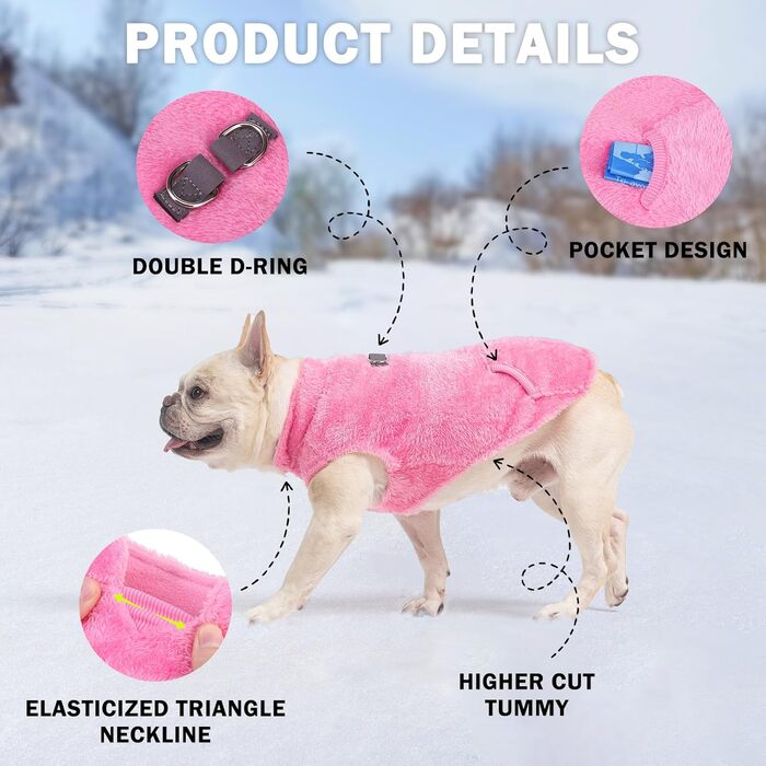 Тепла флісова жилетка для собак середніх та малих порід, рожева. З інтегрованою кишенею для повірця, підходить для холодної погоди.