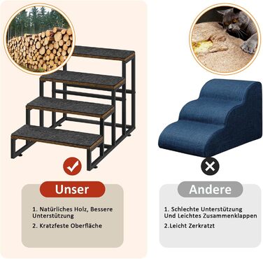 Смусей Сходинки для домашніх тварин: собачі та котячі, 4 сходинки, стабільна конструкція з дерева та металу, протиковзке покриття, для диванів, ліжок, балконів, 60x40x43 см, коричневий