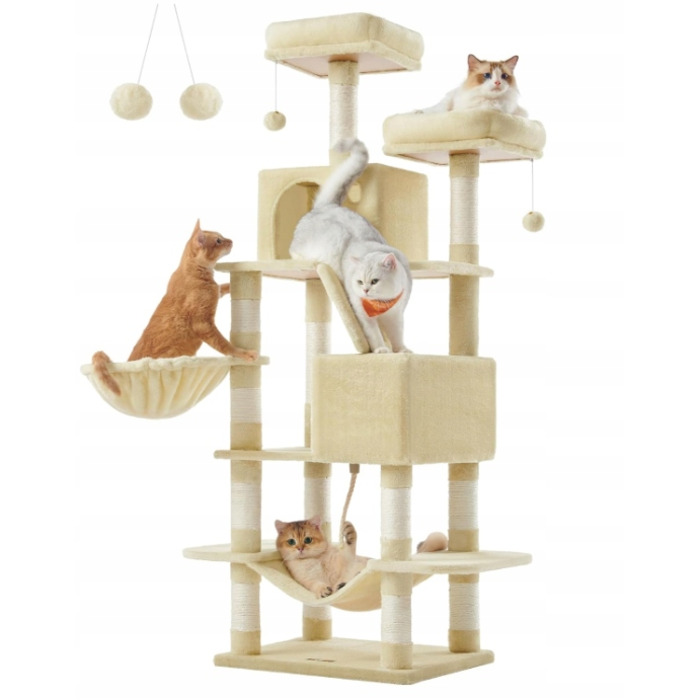 Високий когтеточка-комплекс Feandrea бежевий, 206 см, для великих кішок XXL з гамаком та лежаком