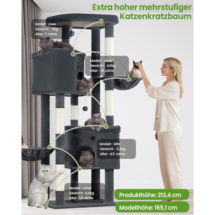 Комплекс для котів Kratzbaum XXL 213 см: Дряпка-стовп, будиночок, платформа, гамак - Сірий когтеточка для великих котів