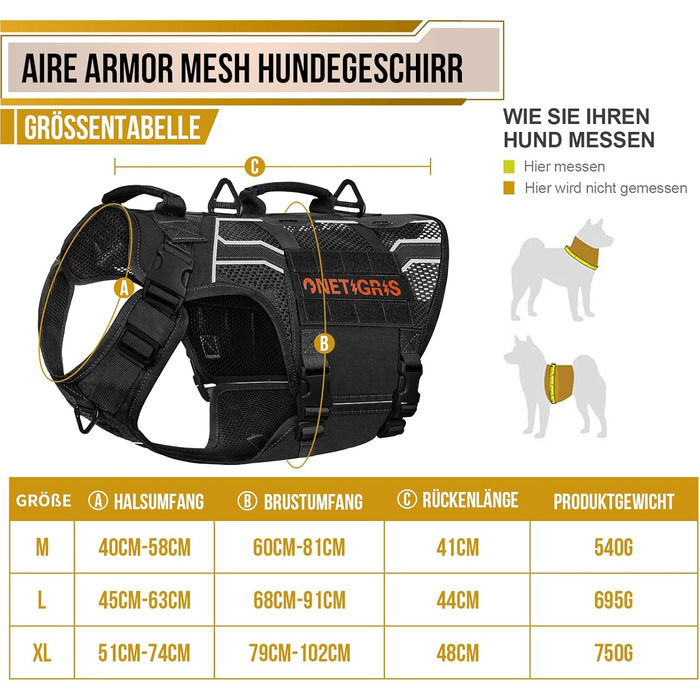 Шлея для собак OneTigris AIRE Armor Mesh, регульована, з 2 ручками, 3 D-кільцями, не тягне, світловідбивна, дихаюча, для великих і середніх собак, чорна, розмір L