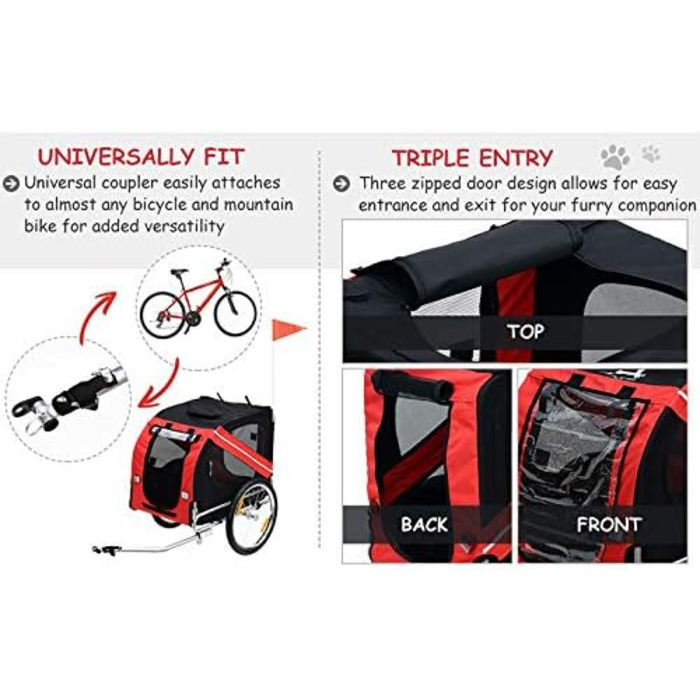 Багатофункціональний велопричіп 2-в-1: для дітей та домашніх тварин. Велосипедний причіп-візок, 2 місця, 137x73x90 см (червоний та чорний)