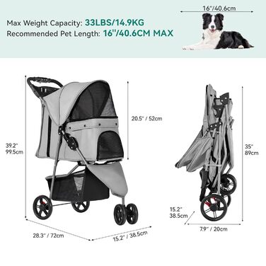 Візок для собак та котів YITAHOME 15 кг, 3 колеса, сітчасте вікно, гальма, міцний, сірий