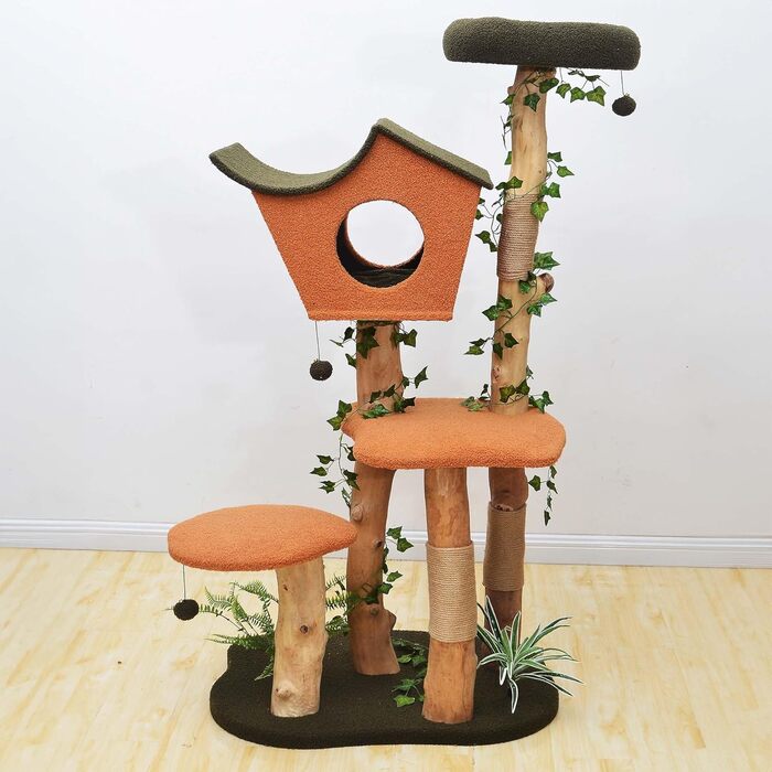 Котячий будиночок з когтеточкою Fudajo з рослинним декором, 154 см. Когтеточка з штучним хутром та деревом, будиночок для котів з іграшками, котячі меблі з платформами