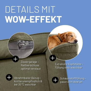 Ортопедичне ліжко для собак Lumaland з корду | Ергономічне собаче ліжко-софа 110x75 см - для великих собак | Нековзне дно | Зручна вага та знімне прання | Собаче ліжко-кошик з Memory Foam Cord - Оливковий 110 x 75 см - L