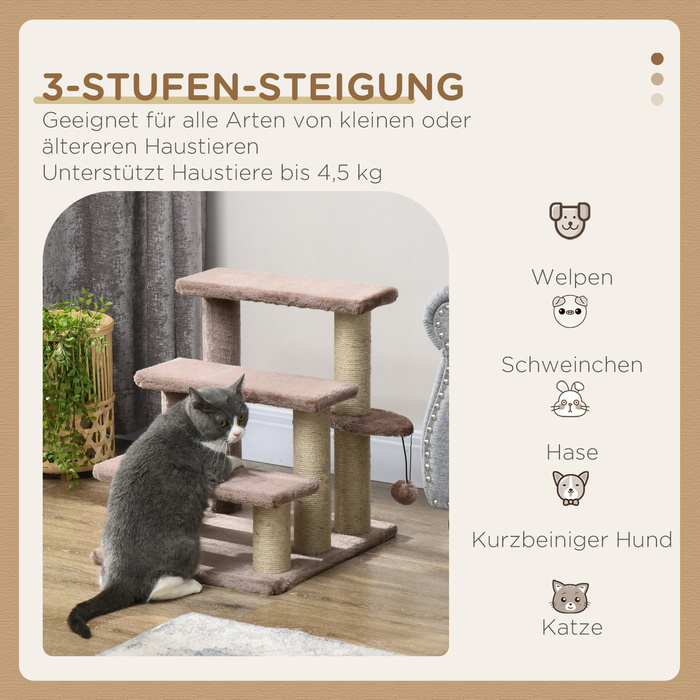 PawHut Cat Stairs Сходи для домашніх тварин для котів та собак 3 сходинки з кігтеточками Play Ball Plush Brown 45x40x48см для більшого комфорту