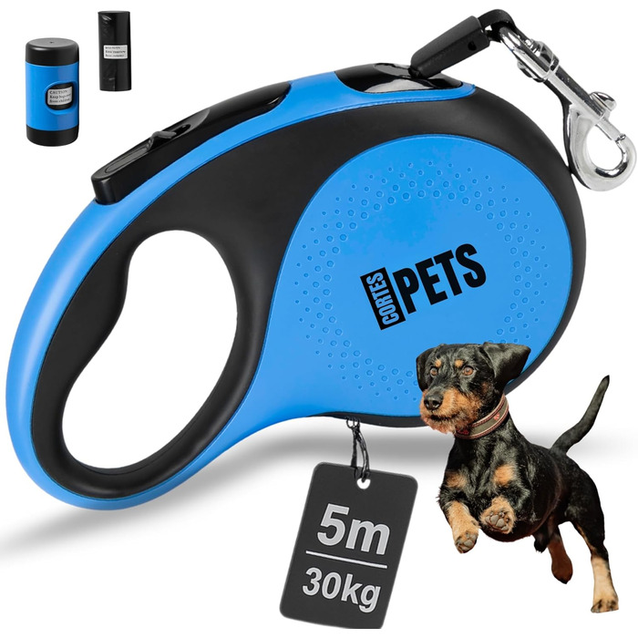 Висувна поводок для собак CORTESPETS® 5 м (до 30 кг) - зручний надійний поводок для малих та великих собак, блакитний