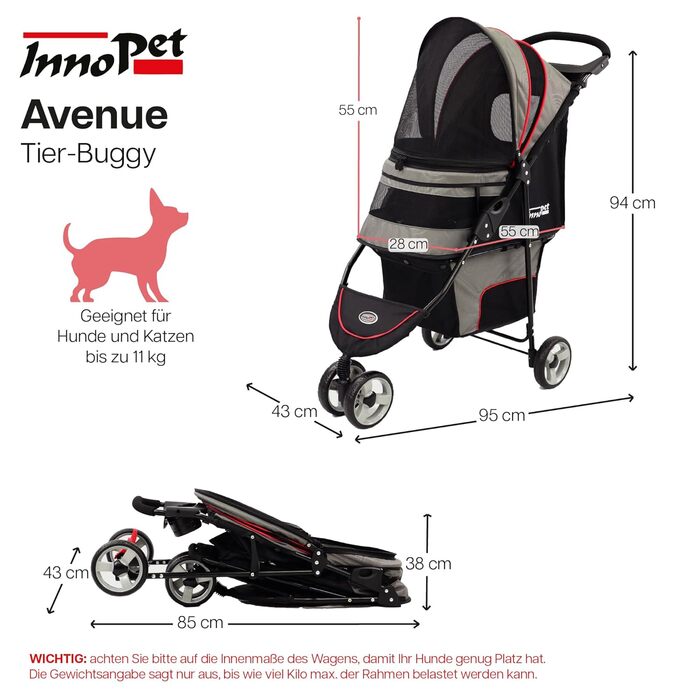 Візок для собак Innopet Buggy Avenue сірий/червоний, з дощовим захистом