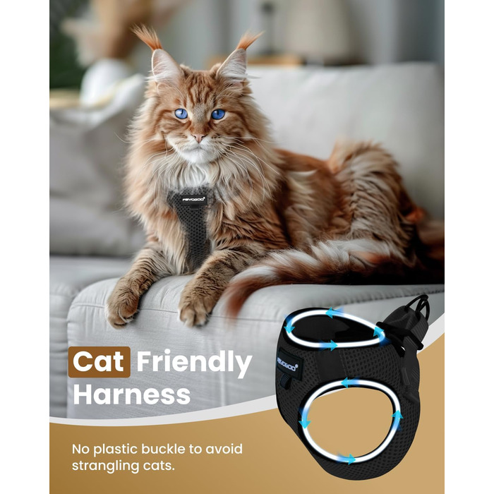 Шлейка для котів FAYOGOO з поводом, шлейка для котів анти-вислизання, регульована, з світловідбиваючими смугами, чорна M (1 шт.)