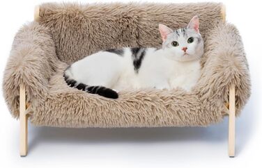 Підвищене дерев'яне котяче ліжко-софа MEWOOFUN 56x45 см, міцне велике котяче ліжко з модним дизайном, знімний чохол, витримує до 10 кг, світло-коричневе