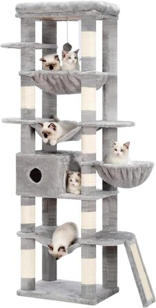 Багатоярусний котячий будиночок Hey-brother Kratzbaum, 175 см, сірий. З платформами, гамаком, печерами, котячими будиночками, дряпалкою та іграшкою. Модель EMPJ037W
