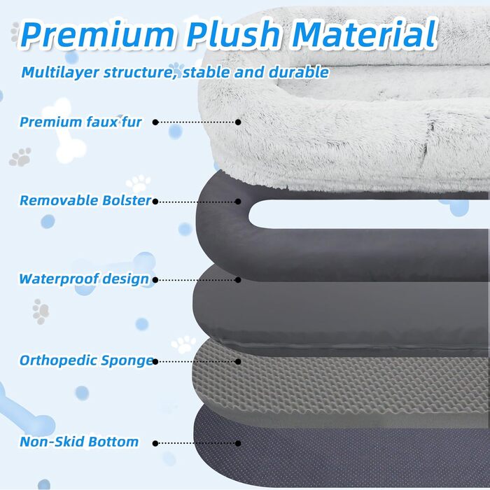 Ортопедичне ліжко для собак та людей, 180 x 114 x 30 см, сірий колір, з пам'яті ефекту піна та бавовна, знімний чохол з штучного хутра