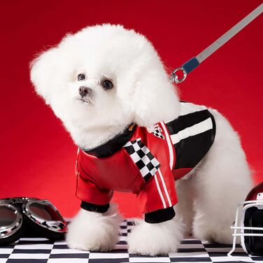 Костюм гонщика для собак FLAdorepet, тепла шкіряна куртка з льоновою кільцем, флісовий костюм для маленьких та середніх собак (Чорний, S)