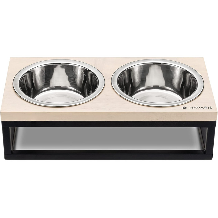 Набір мисок для котів Navaris з кріпленням - станція годування. Миски з нержавіючої сталі та дерев'яний тримач для котів та собак