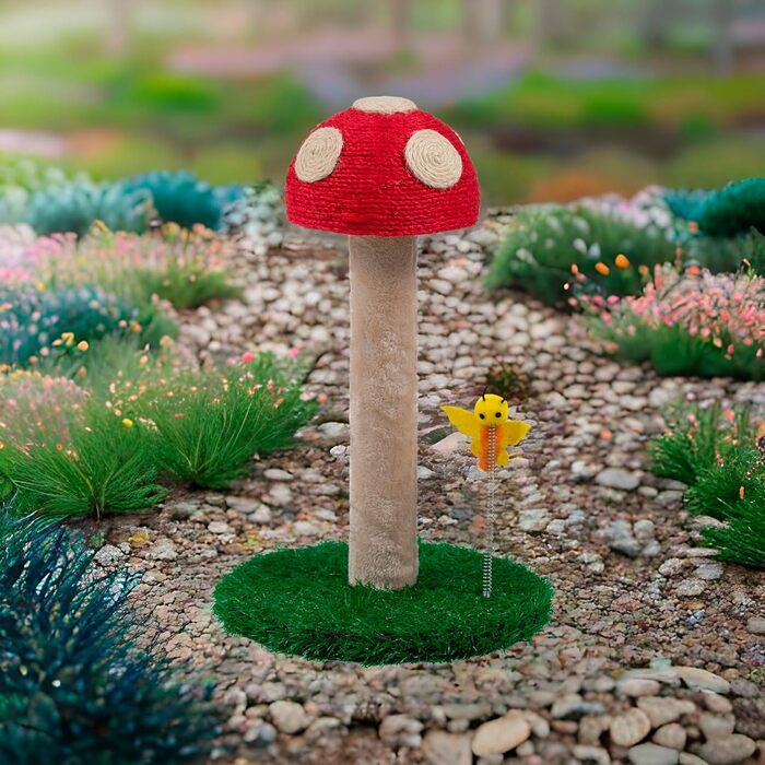 Котячий когтетоп Kratzbaum з мотивом грибів - когтетоп для котів 45 см з трьома текстурами, когтетоп-стійка, когтетоп з товстої тканини, котячі меблі, котячий когтетоп