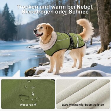 Зимовий одяг для собак, водонепроникна куртка для великих собак з регульованими лямками, теплий одяг для собак з флісу, світловідбиваючі смуги, підходить для лабрадорів, оливковий, XL