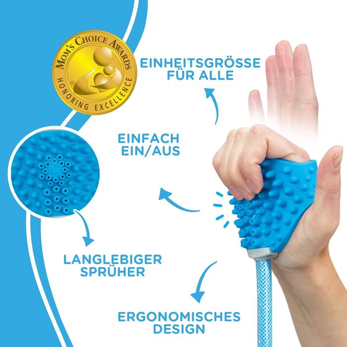 Насадка для миття та душу для собак Aquapaw | Швидке та легке миття, масаж та догляд за тваринами в приміщенні та на вулиці | Включає шланг та скребок для собак - блакитний