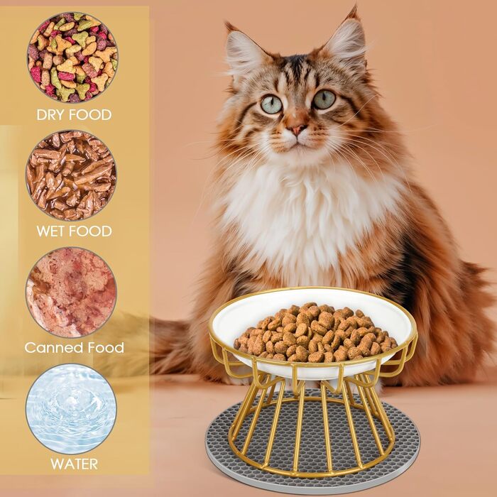 Підвищені годівниці для котів 2 шт. з кераміки з металевим підставкою, миски для котів з силіконовим килимком, станція для годування котів, миски для котів для їжі та води (Золотий)