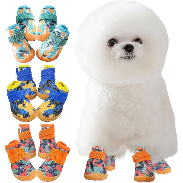 Чоботи для собак Kukaster: захист лап, 4 шт., чорно-білий візерунок, антиковзаюча підошва, світловідбивачі, для малих, середніх та великих собак. Розмір 3 (4 шт.) та Розмір 4 (4 шт.)