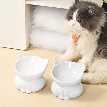 Миска для кота з кераміки, піднята, протиковзна, 15° нахил, для корму та води, підходить для котів та кошенят (біла)