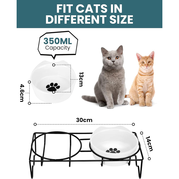 Набір мисок для котів PETTOM (2 шт.) з підставкою, кераміка, захист шиї, зелений + сірий