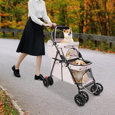 Двошаровий візок для домашніх тварин з сіткою, гальмом та сумкою для зберігання. Складаний візок для собак та котів на 15-20 кг (сірий)