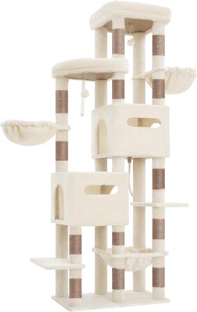 Heybly Katzenbaum 190 см, XXL Дряпка для великих котів, стійка висока когтеточка з великою платформою, 2 печери, гамак та міцні стовпи з сизалю, котячі меблі, HCT062G (Бежевий)