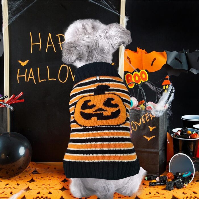 Пуловер для собак PETCARE, в'язаний, смугастий, з мотивом гарбуза, для котів, цуценят, костюм для домашніх тварин, Хелловін, відпочинок, вечірка, для маленьких, середніх та великих собак, одяг (смугастий, розмір XL), XL, помаранчевий