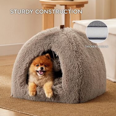 Кішечка БЕДСЮР: велике ліжко-будиночок для котів 40x40x40 см, плюшеве, з подушкою та іграшкою, миється, (44x44x44 см, верблюжий)