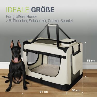 Складана переноска для собак Juskys Lassie XL 56x81x58 см, бежева, оксфорд, з ручками, килимком і сумкою – транспортна коробка для собак, котів та домашніх тварин, портативна, для авто