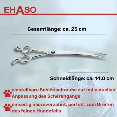 Професійна вигнута ножиця для собак EHASO | 23 см | Висока якість, Solingen | Довговічна