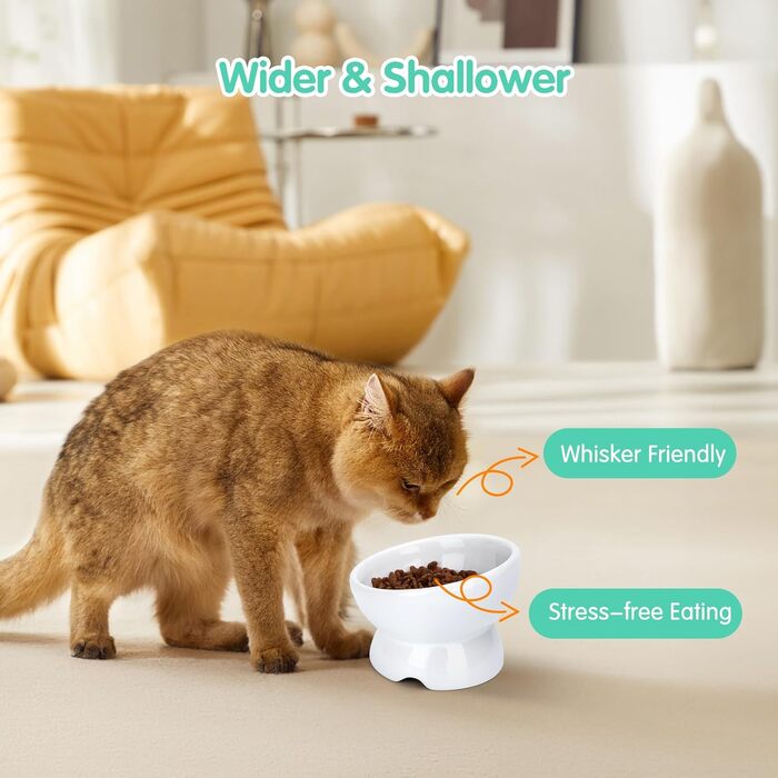 Набір мисок для котів Nobleza (2 шт) з кераміки, нахил 15°, проти блювоти, для корму та води, підходить для котів та маленьких собак, білий колір